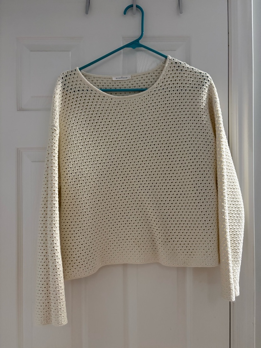 Open-Knit Crewneck Sweater in Cream